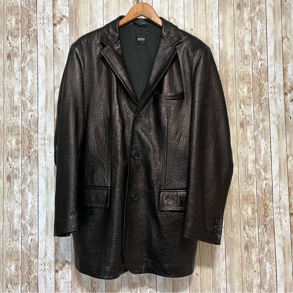 Boss Hugo Boss Leather Crocodile Pattern Brown Blazer - Picture 2 of 12